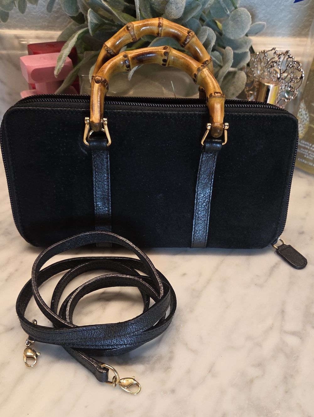 Authentic Gucci Vintage Black Suede Double Bamboo-Handle Wallet